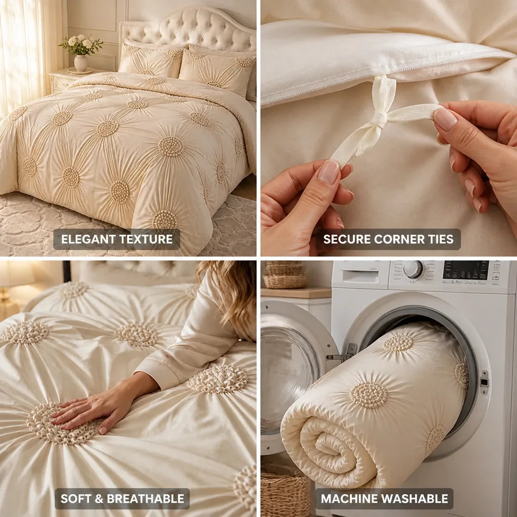 Comforter Cover Set Tufted Rosette Interior Corner Ties