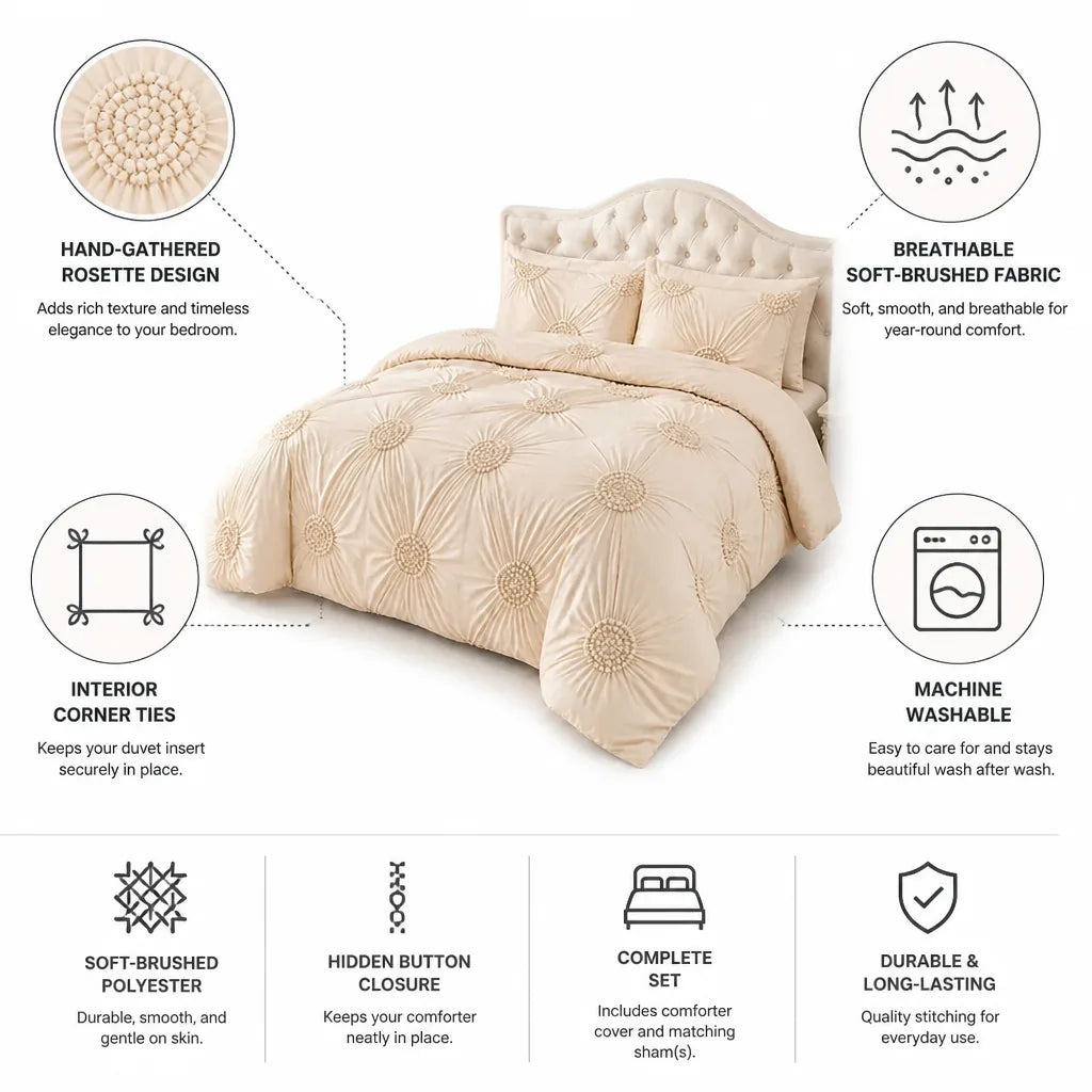 Comforter Cover Set Tufted Rosette Interior Corner Ties