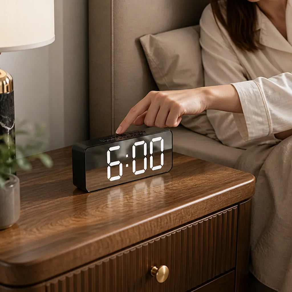 Curved Mirror LED Time and Temperature Digital Alarm Clock