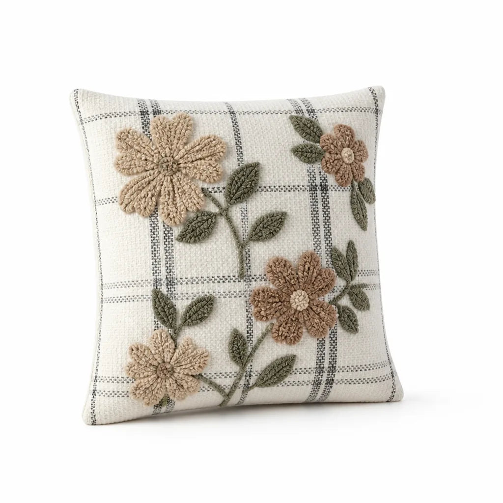 Cushion Cover Hand-Tufted Chenille Floral Hidden Zipper