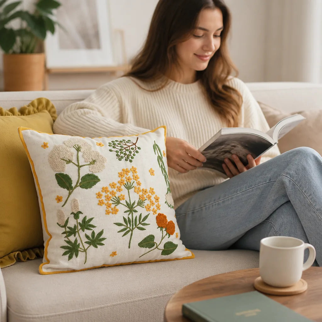 Cushion Cover Hand-Tufted Chenille Floral Hidden Zipper
