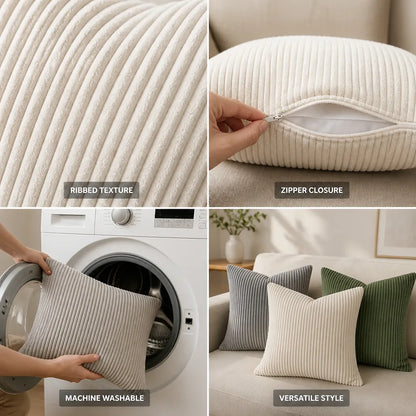 Cushion Cover Ribbed Striped Polyester Machine Washable
