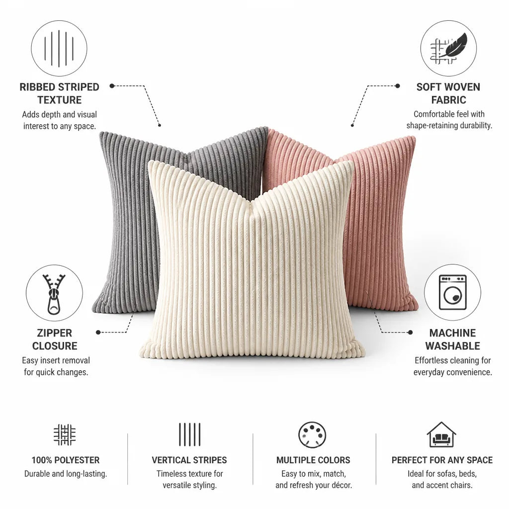 Cushion Cover Ribbed Striped Polyester Machine Washable