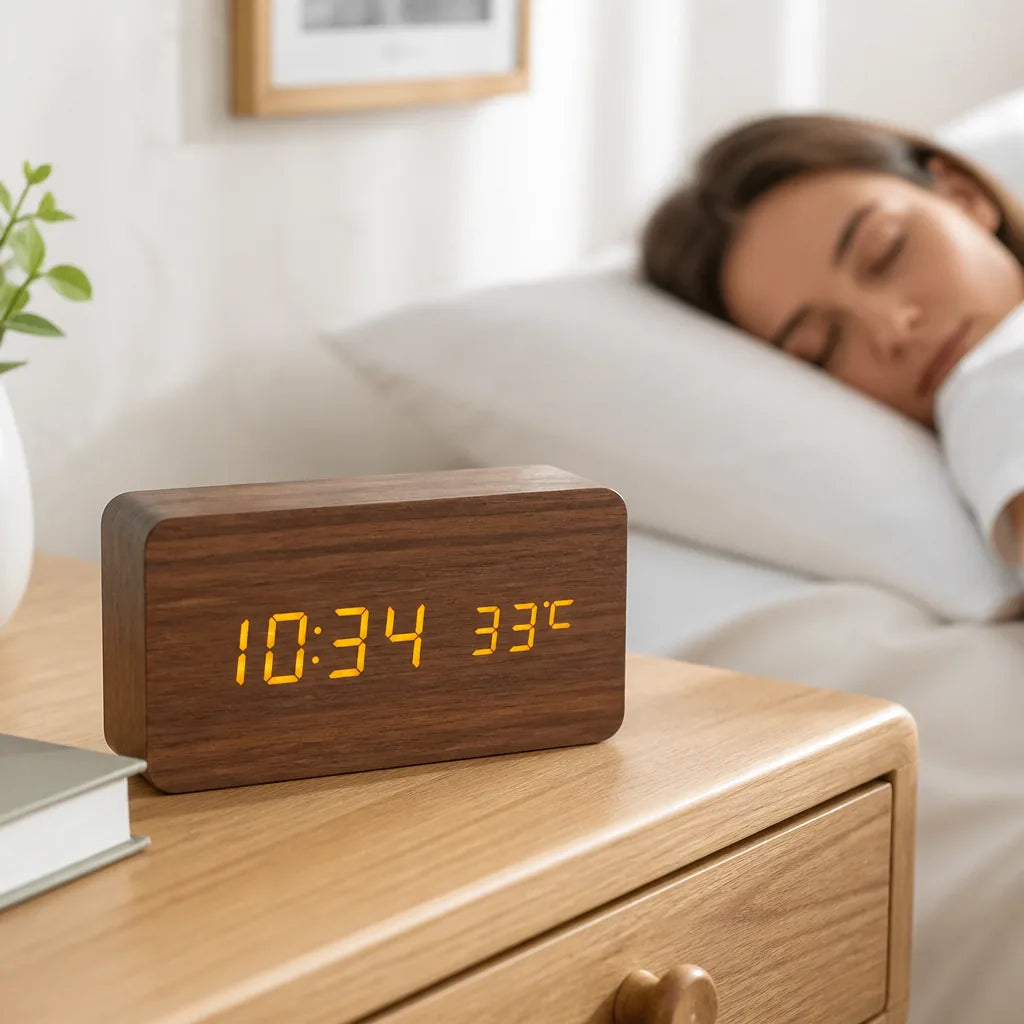Digital Alarm Clock Wooden LED Display & Silent Operation
