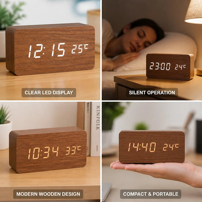 Digital Alarm Clock Wooden LED Display & Silent Operation