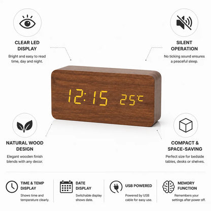 Digital Alarm Clock Wooden LED Display & Silent Operation