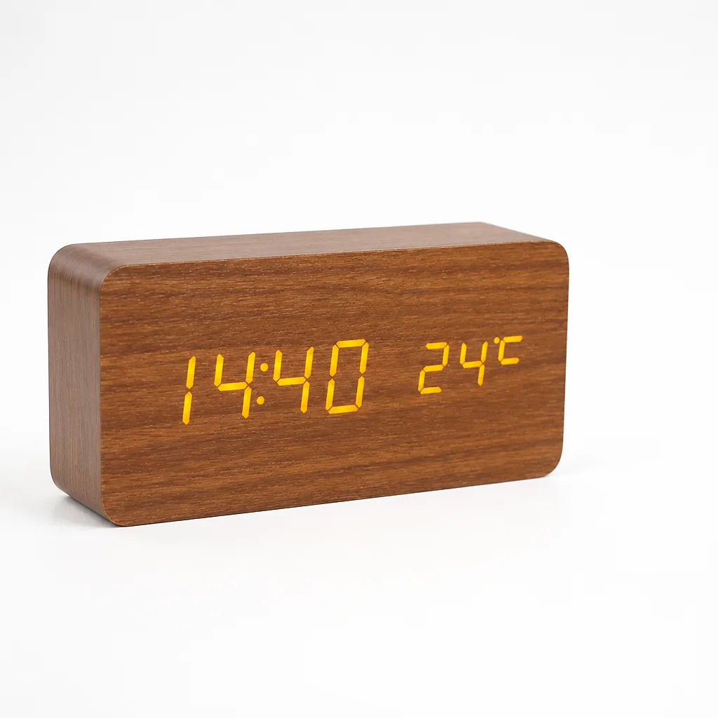 Digital Alarm Clock Wooden LED Display & Silent Operation