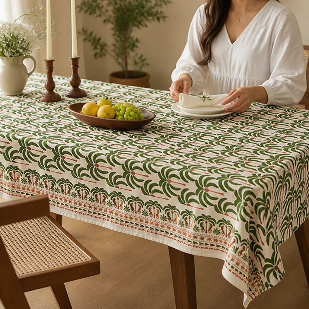 Dining Tablecloth Hand-Printed Botanical Linen-Look Cotton