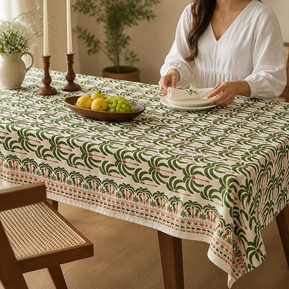 Dining Tablecloth Hand-Printed Botanical Linen-Look Cotton