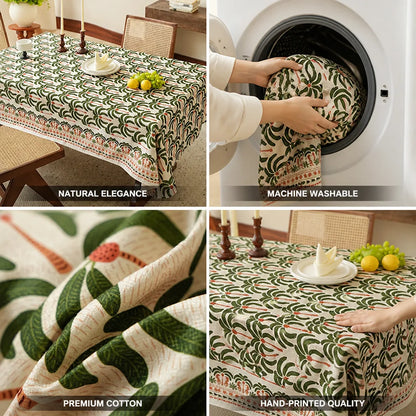 Dining Tablecloth Hand-Printed Botanical Linen-Look Cotton
