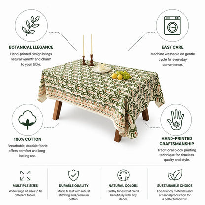 Dining Tablecloth Hand-Printed Botanical Linen-Look Cotton