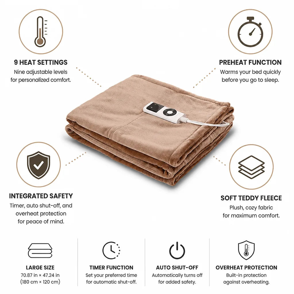 Electric Heated Blanket Teddy Fleece 9 Heat Settings