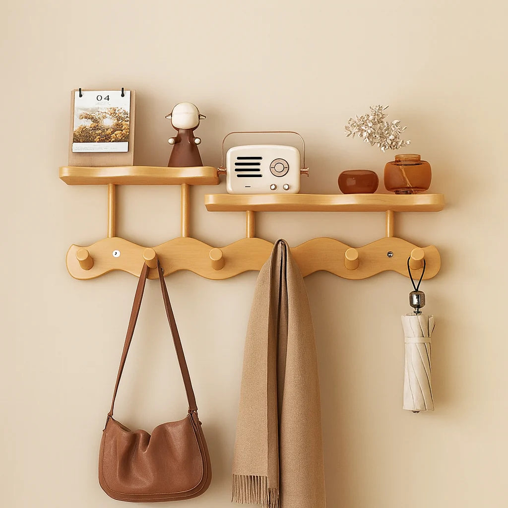 Entryway Coat Rack Bamboo Floating Shelf & Hooks