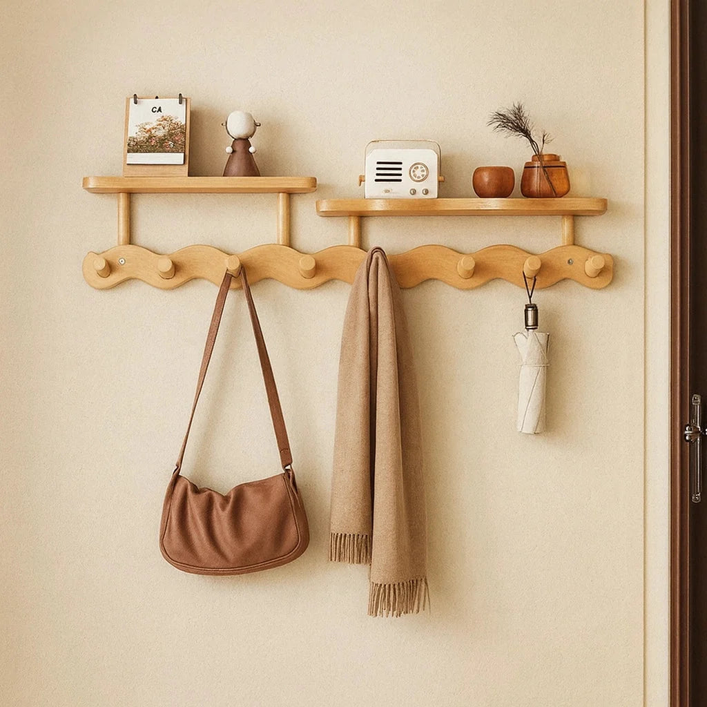 Entryway Coat Rack Bamboo Floating Shelf & Hooks