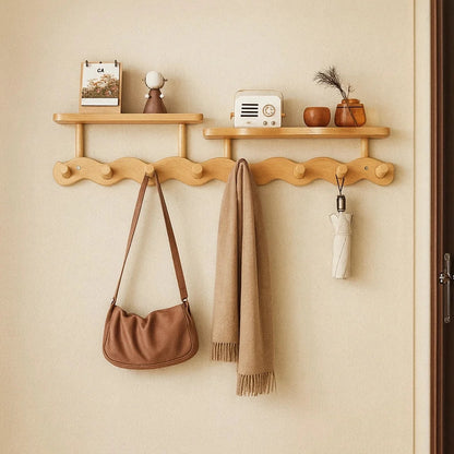 Entryway Coat Rack Bamboo Floating Shelf & Hooks