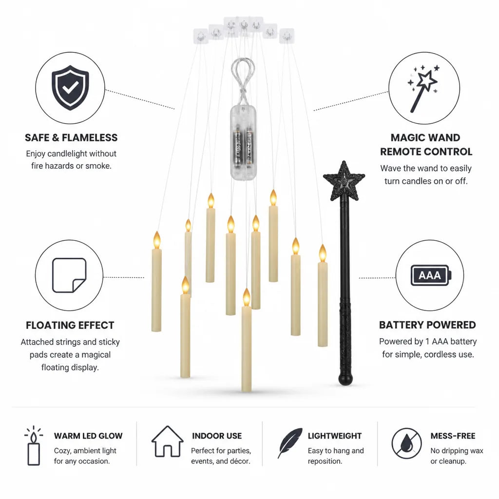 Floating Candles Flameless LED Magic Wand Remote Attached Strings