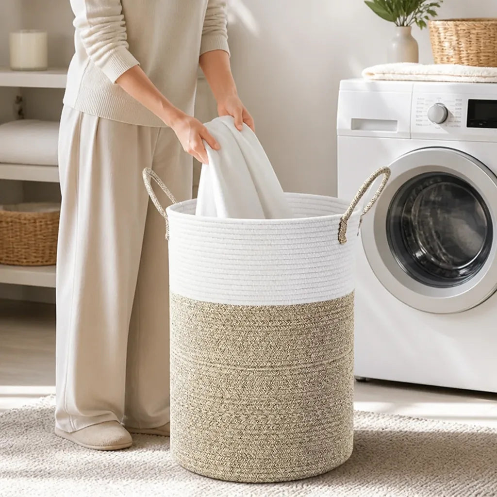 Foldable Woven Cotton Rope Laundry Basket with Reinforced Handles