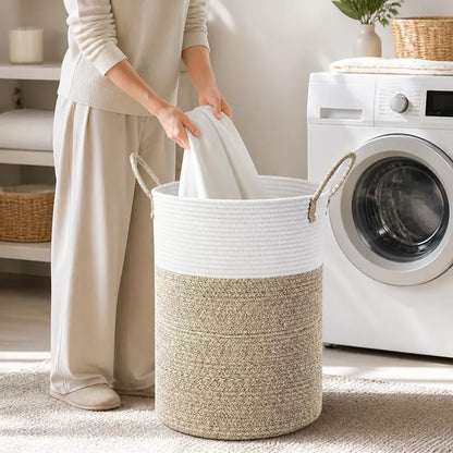 Foldable Woven Cotton Rope Laundry Basket with Reinforced Handles