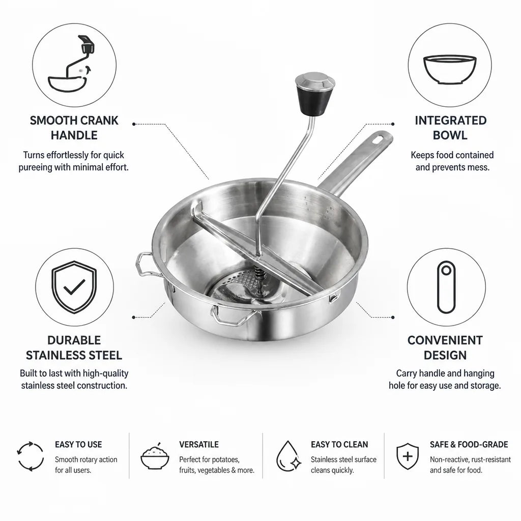 Food Mill Stainless Steel Easy Turn Crank Integrated Bowl