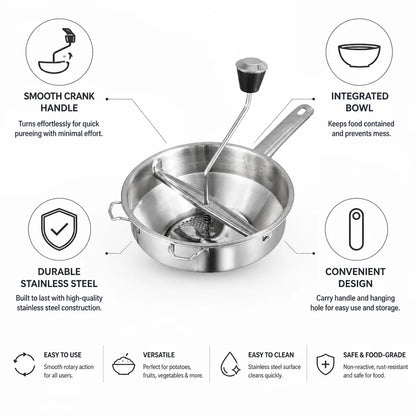 Food Mill Stainless Steel Easy Turn Crank Integrated Bowl