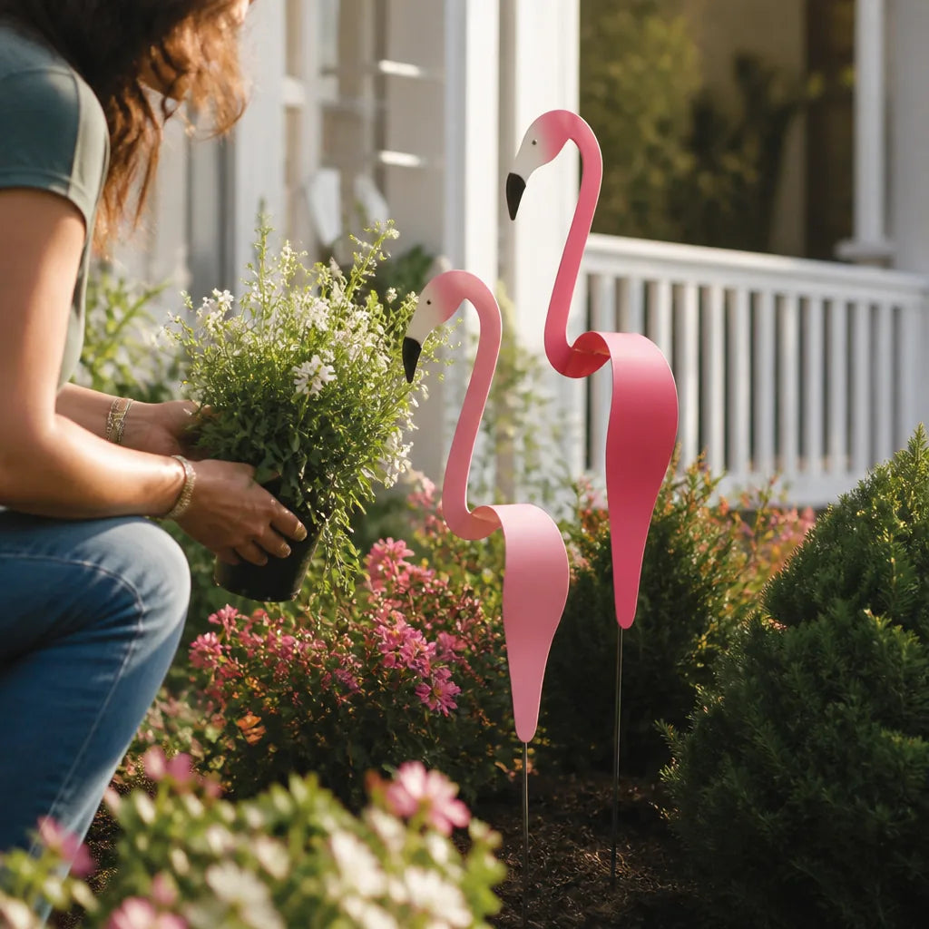 Handmade Aluminum Flamingo Wind Direction Indicator Garden Stake (Set of 2)