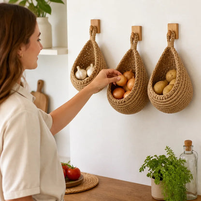 Hanging Produce Basket Breathable Jute Wooden Hooks Prolongs Freshness
