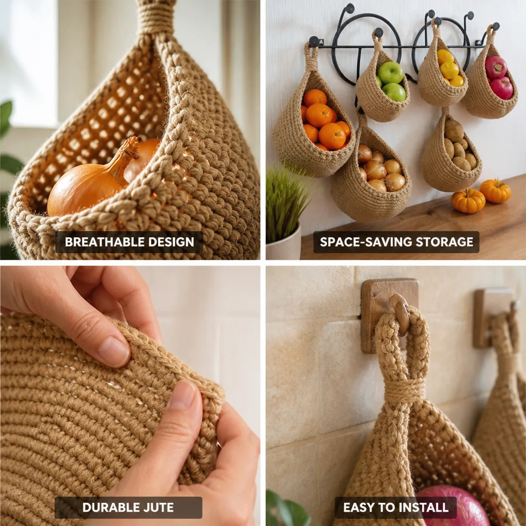 Hanging Produce Basket Breathable Jute Wooden Hooks Prolongs Freshness