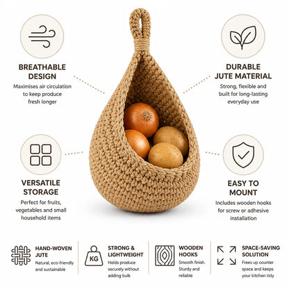 Hanging Produce Basket Breathable Jute Wooden Hooks Prolongs Freshness