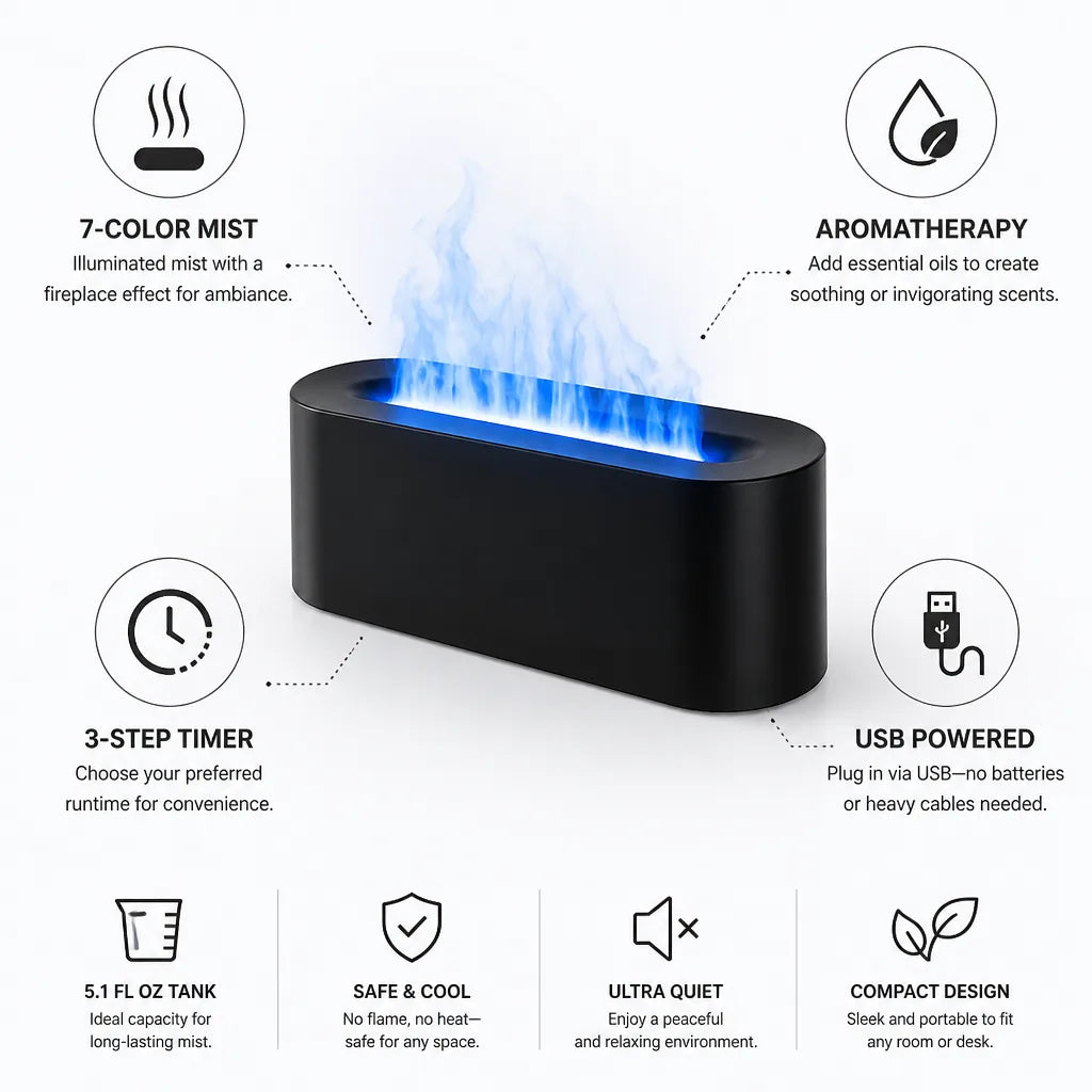 Humidifier 7-Color Fireplace Mist USB-Powered