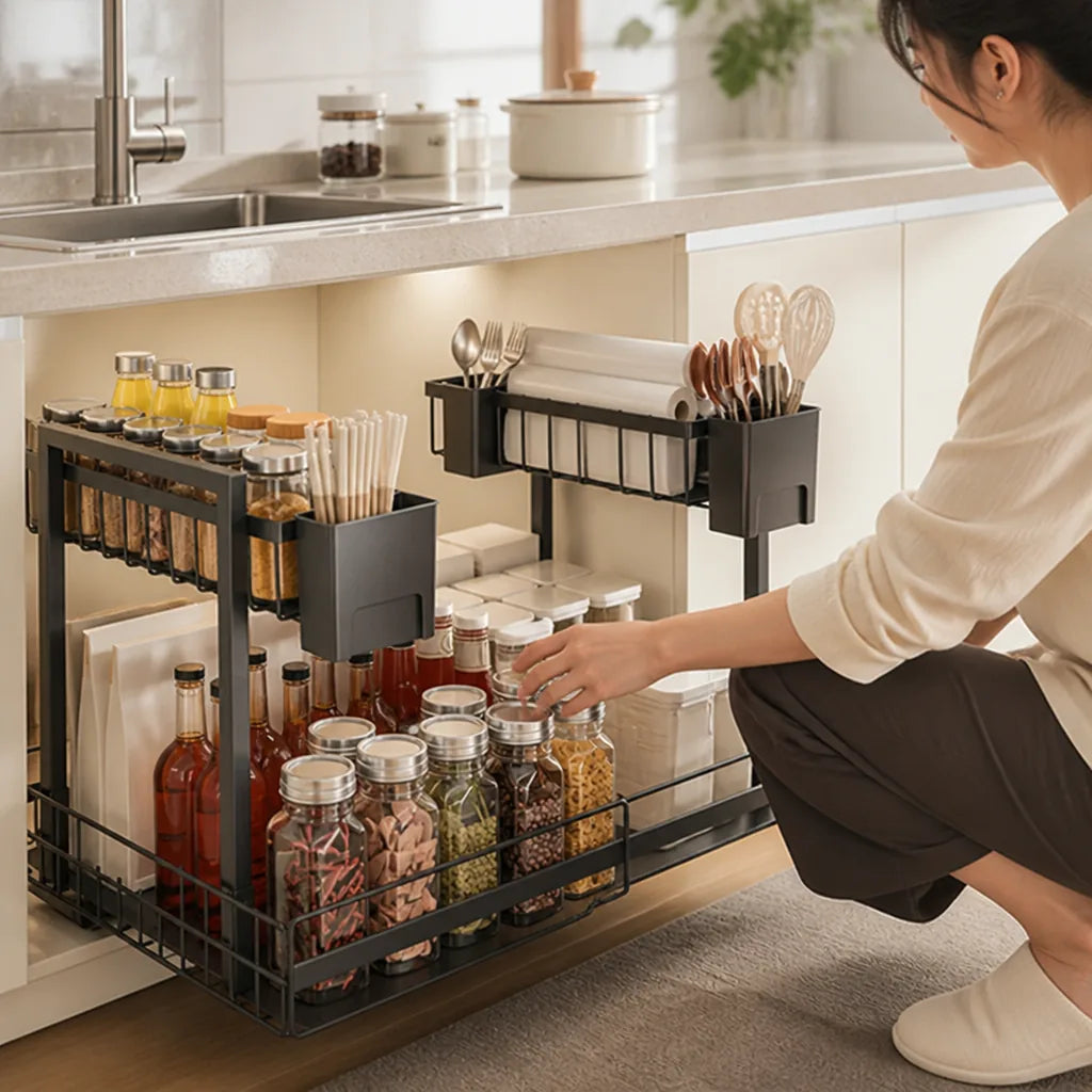 Kitchen Pull-Out Rack L-Shaped Two-Tier Smooth Sliding
