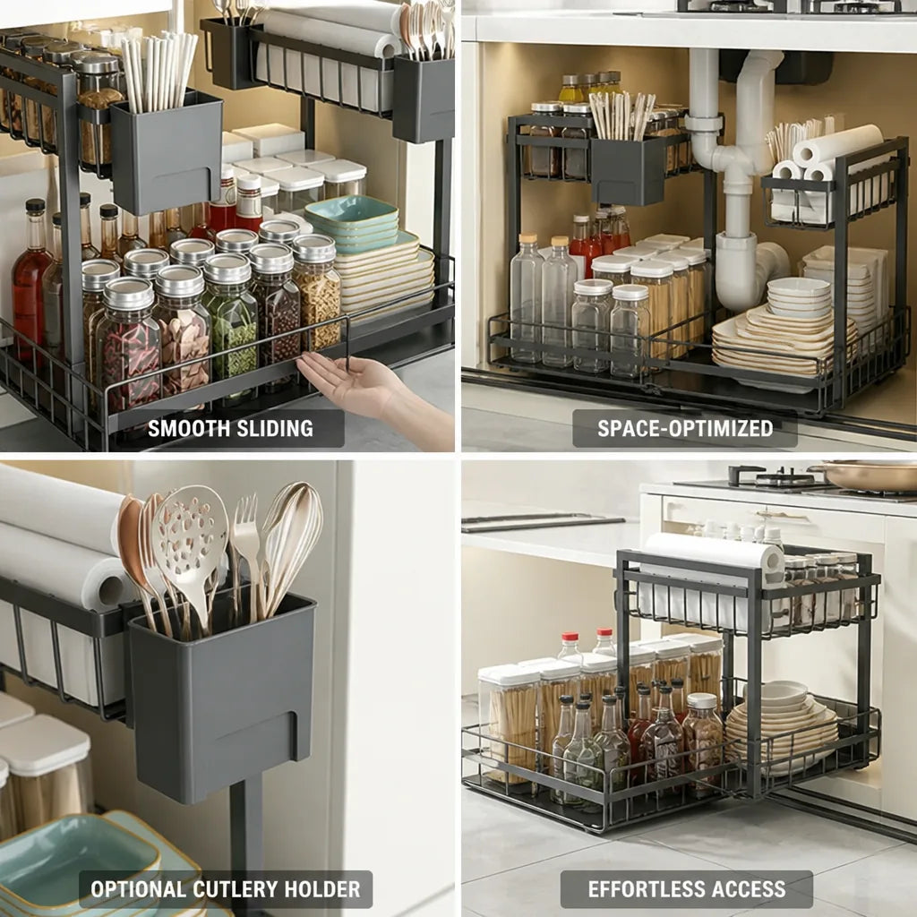 Kitchen Pull-Out Rack L-Shaped Two-Tier Smooth Sliding
