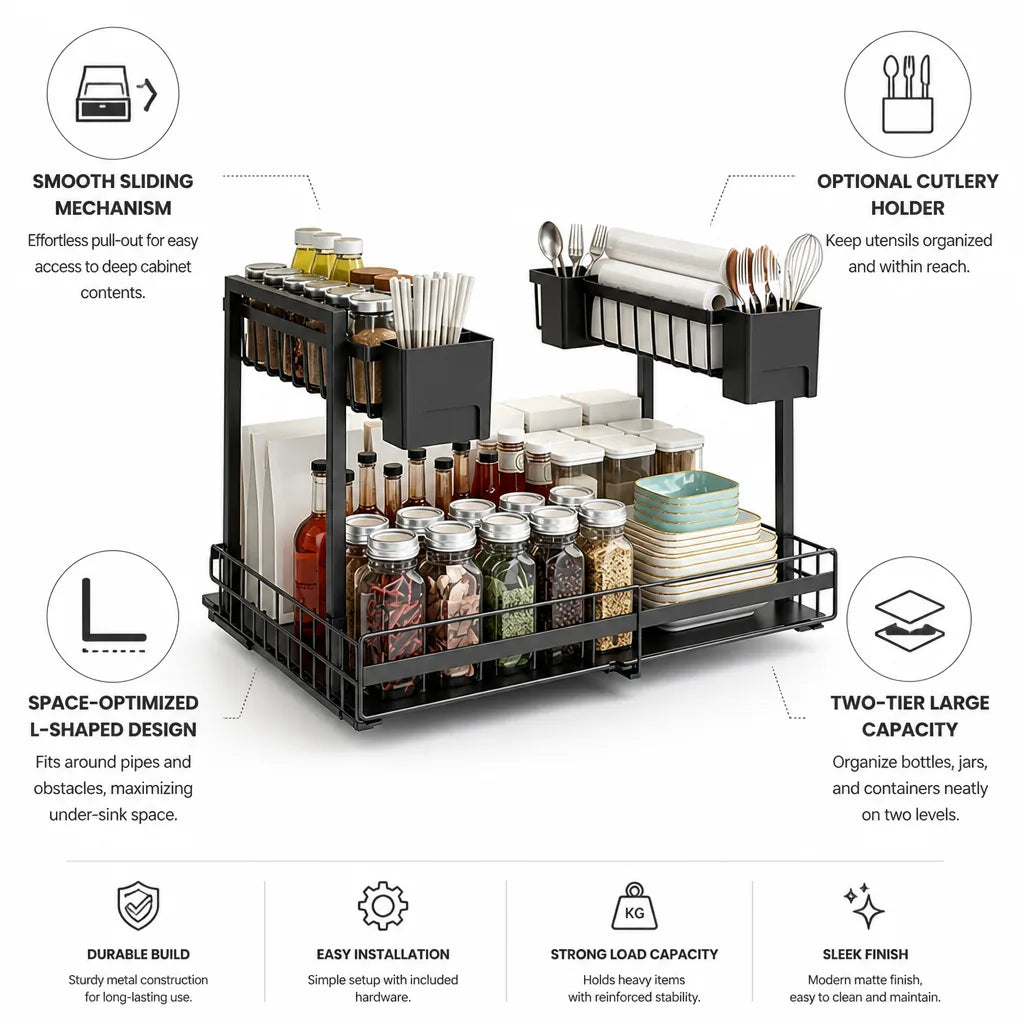 Kitchen Pull-Out Rack L-Shaped Two-Tier Smooth Sliding