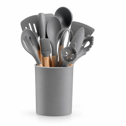 Kitchen Utensil Set 14 Piece Silicone Wood Handles