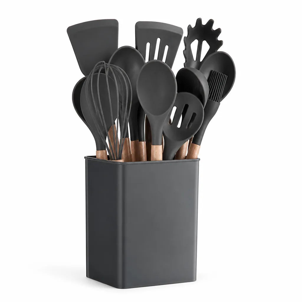 Kitchen Utensil Set 14 Piece Silicone Wood Handles