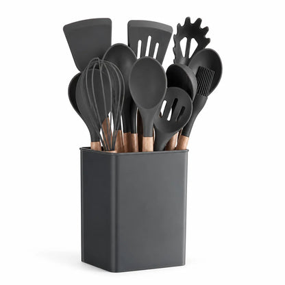 Kitchen Utensil Set 14 Piece Silicone Wood Handles
