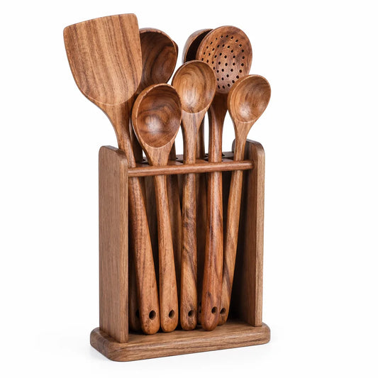 Kitchen Utensil Set Acacia Wood 8-Piece With Display Stand