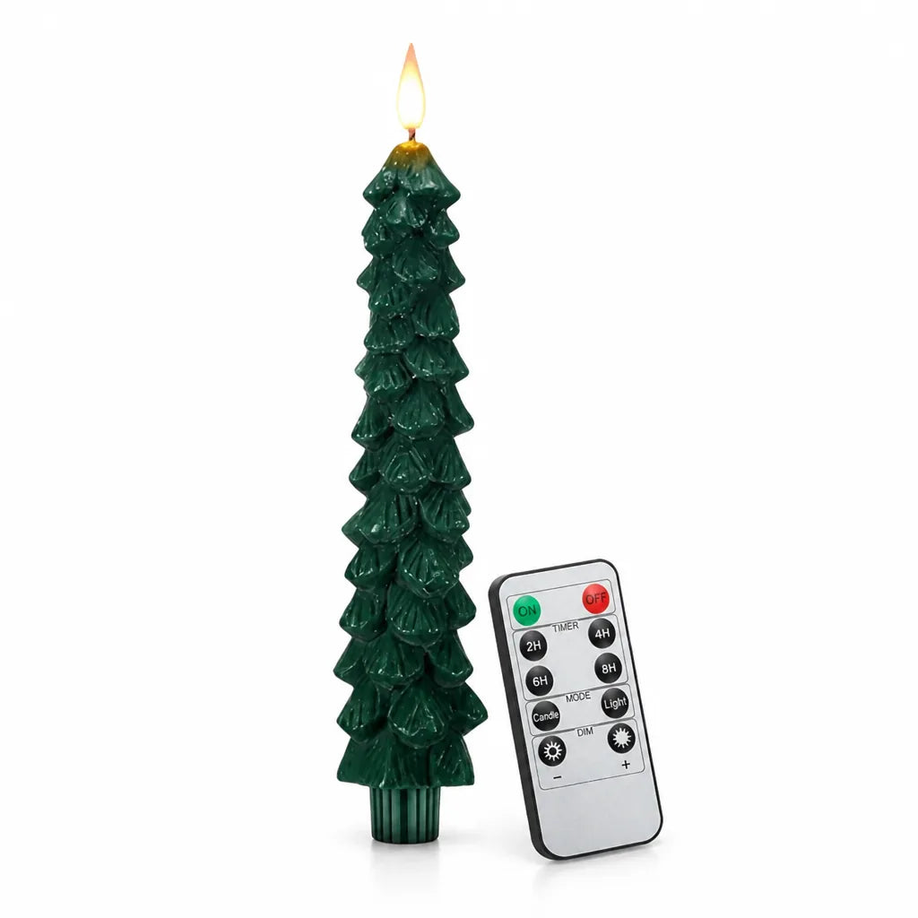 LED Christmas Candle Fir Tree Flickering Flame Remote Timer