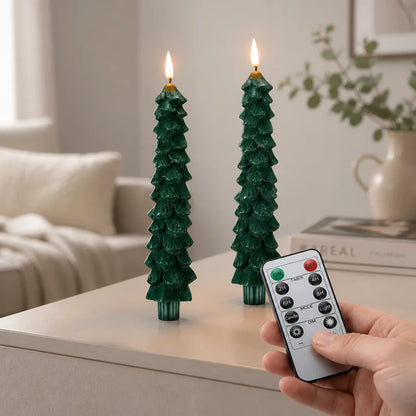 LED Christmas Candle Fir Tree Flickering Flame Remote Timer