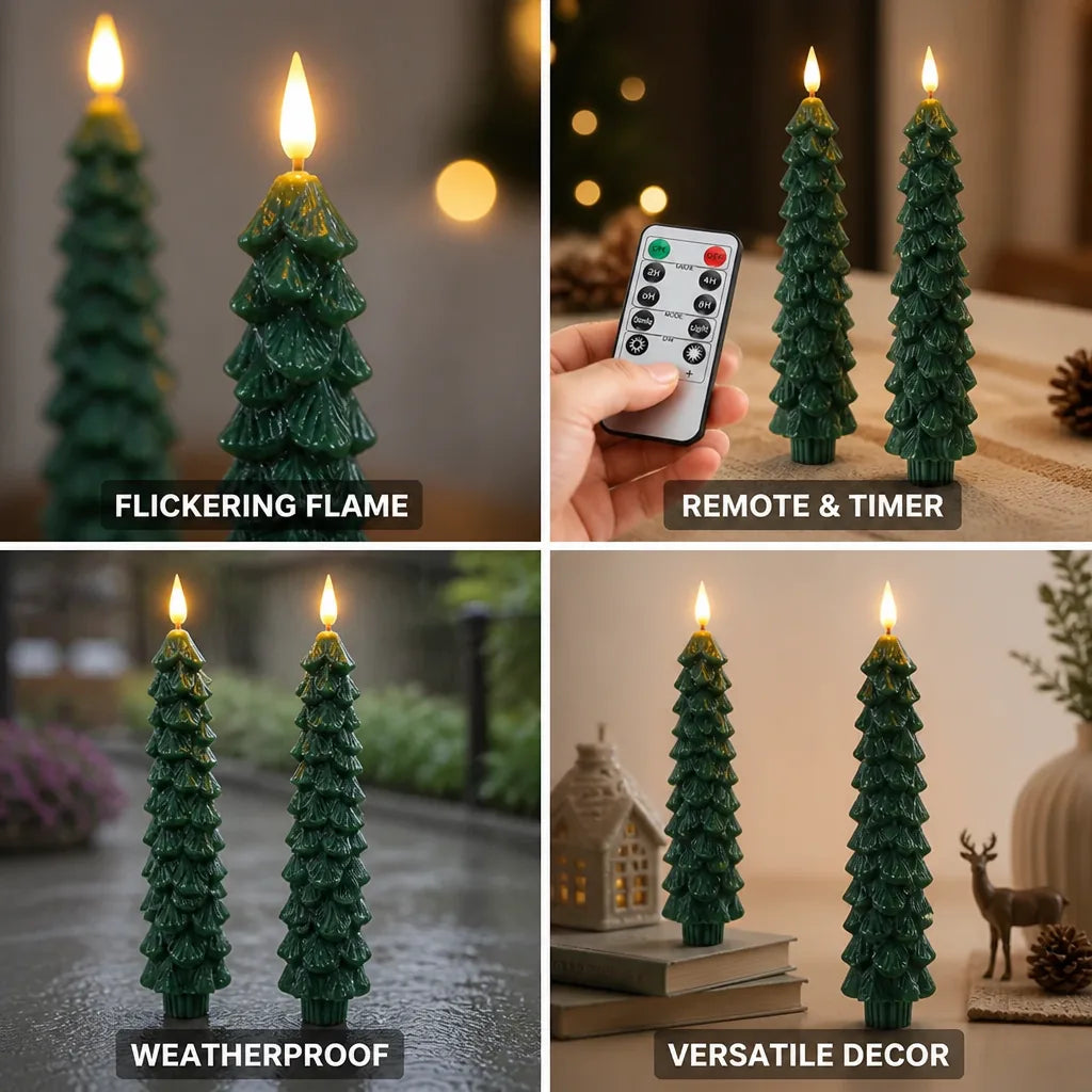 LED Christmas Candle Fir Tree Flickering Flame Remote Timer