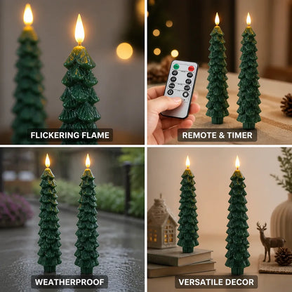 LED Christmas Candle Fir Tree Flickering Flame Remote Timer