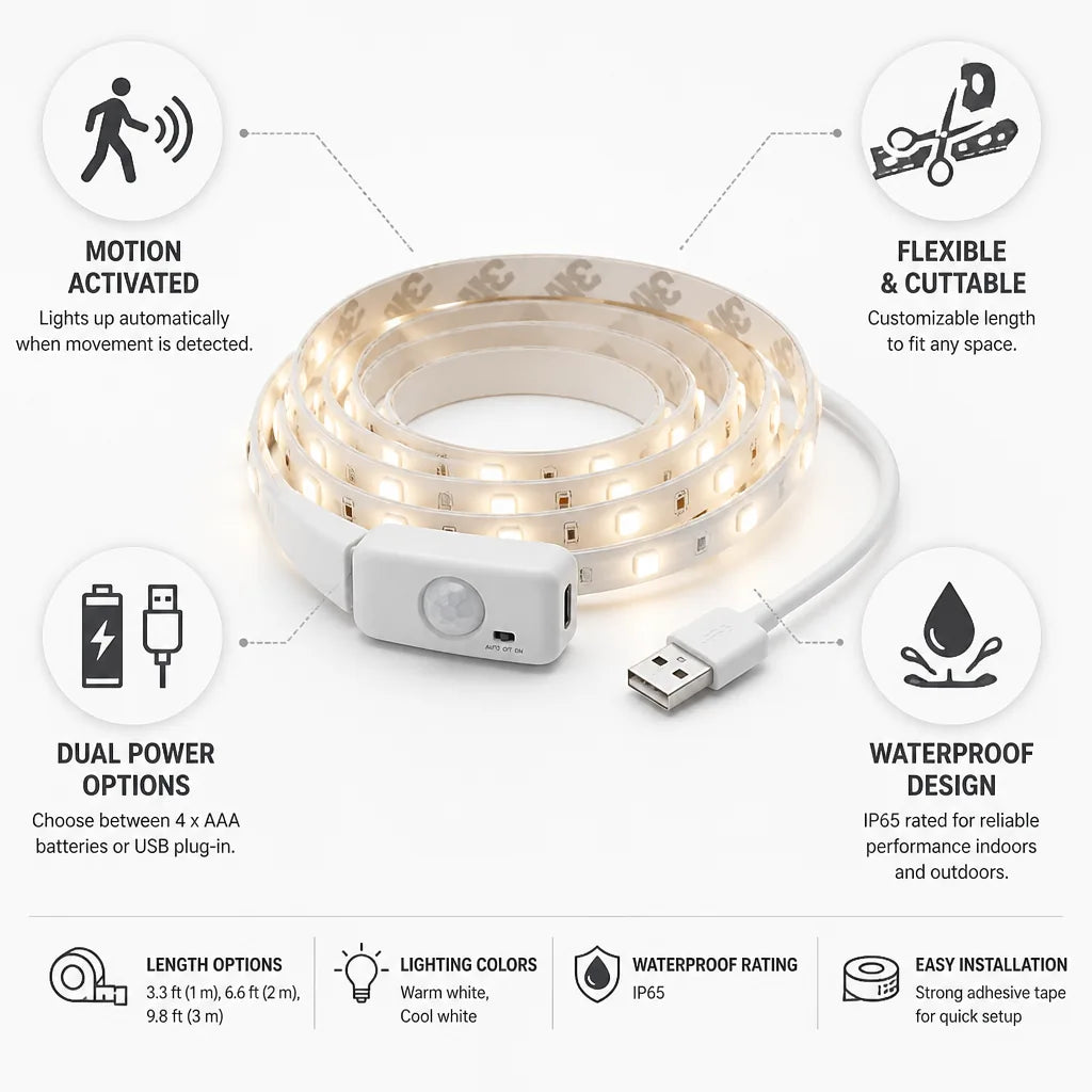LED Strip Light Motion-Activated Battery & USB Waterproof