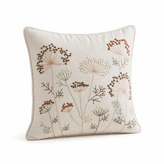 Linen Blend Botanical Embroidery Hidden Zipper Accent Pillow Cover