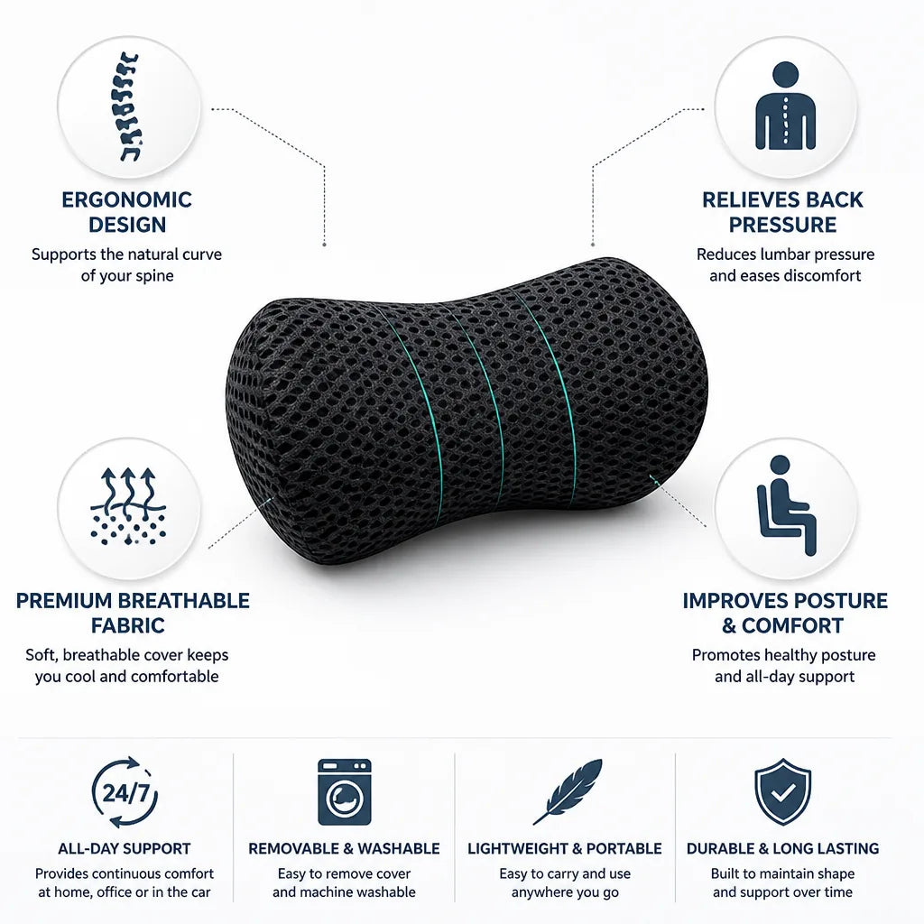 Lumbar Support Pillow Ergonomic Contour & Back Pain Relief