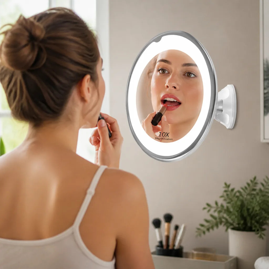 Makeup Vanity Mirror 10x Magnification Daylight LED Suction Mount