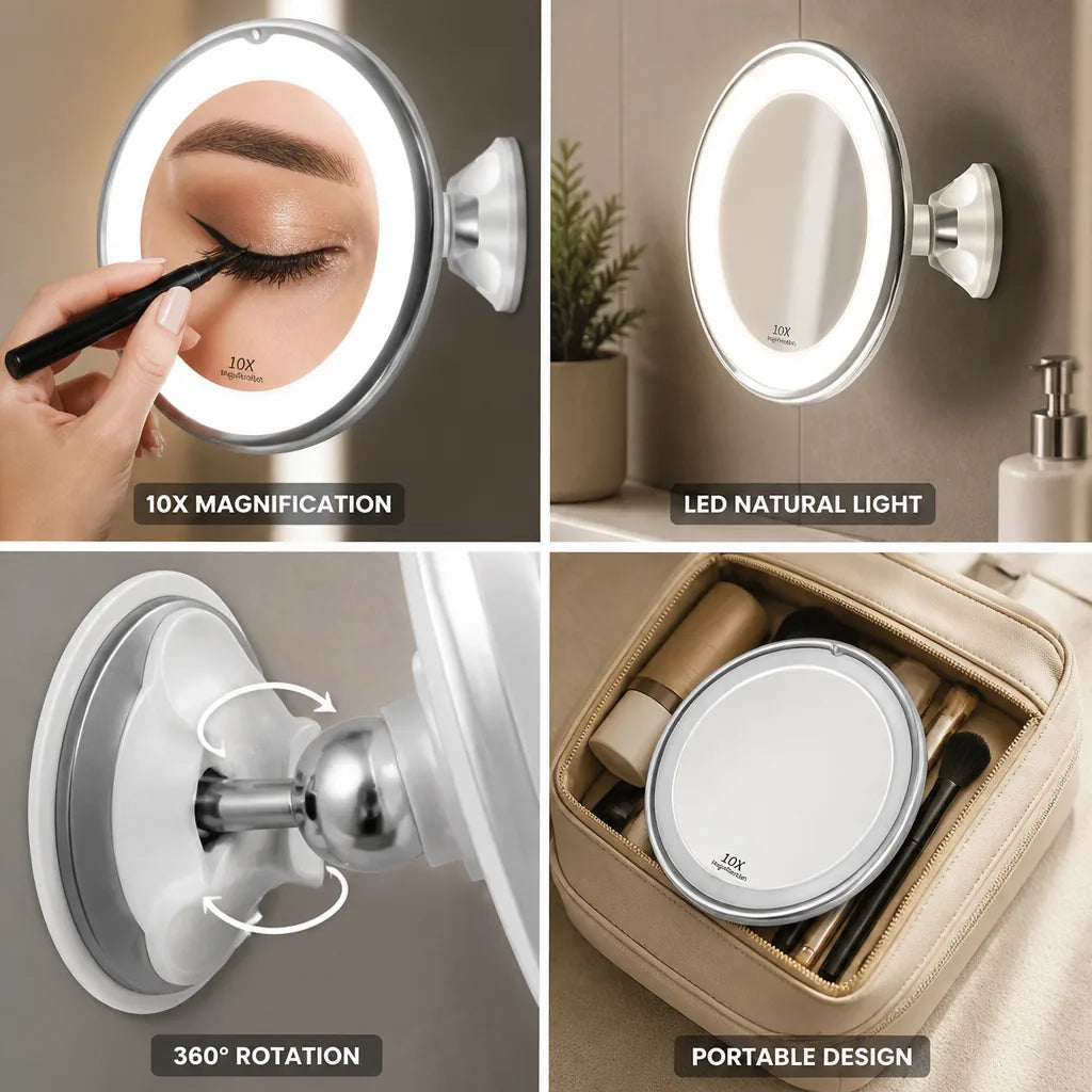 Makeup Vanity Mirror 10x Magnification Daylight LED Suction Mount