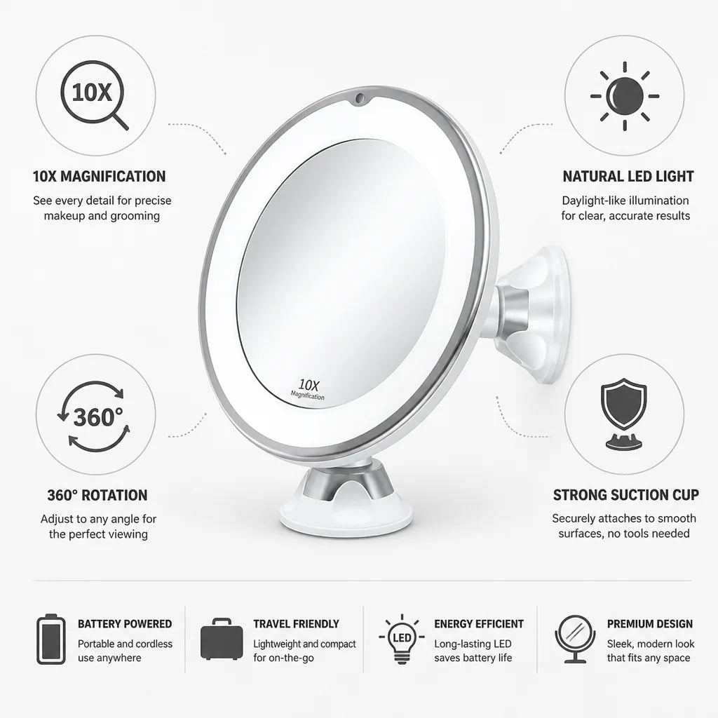 Makeup Vanity Mirror 10x Magnification Daylight LED Suction Mount