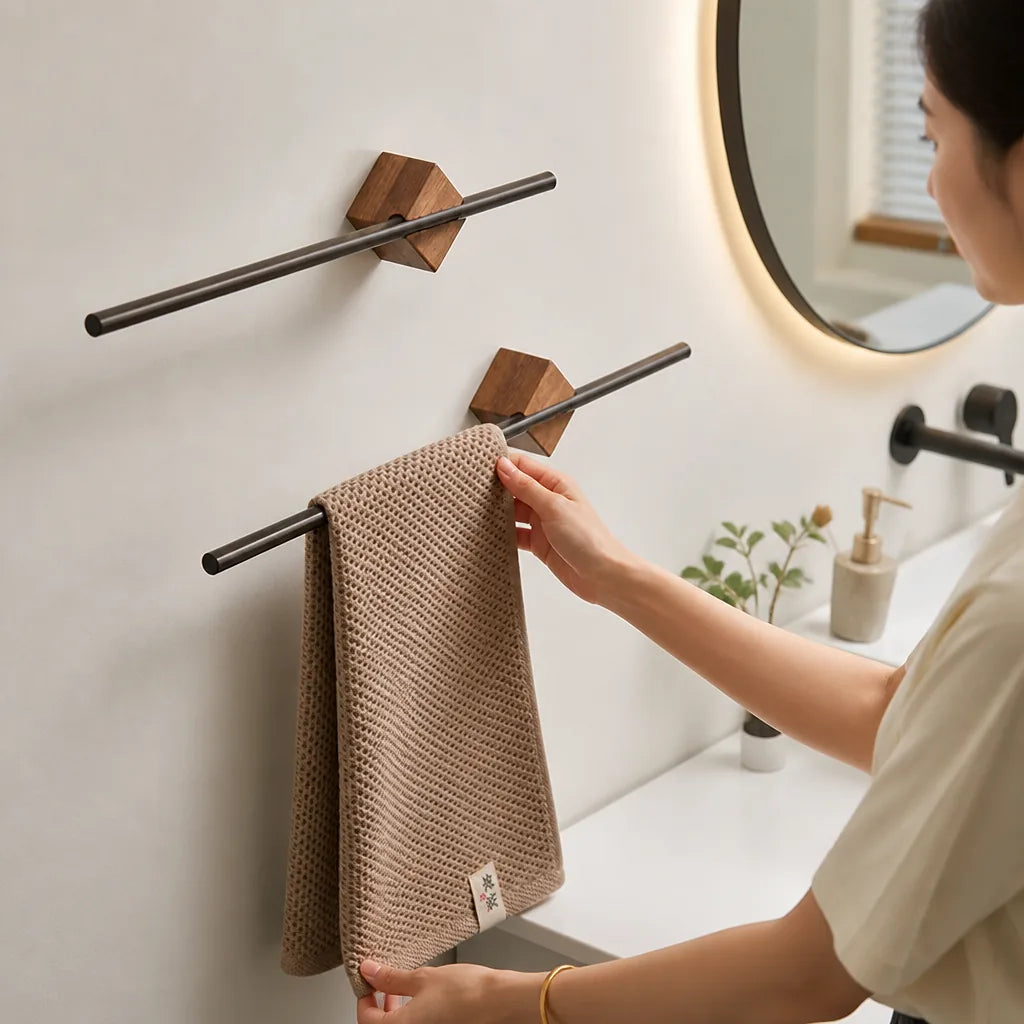 Minimalist Wall-Mounted Wood and Stainless Steel Towel Holder