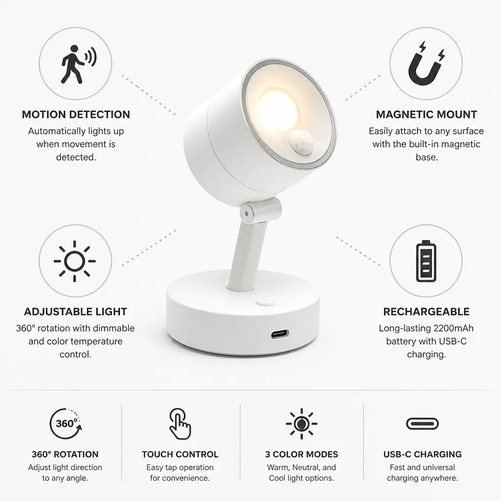 Motion Sensor Spotlight Rechargeable USB-C Magnetic Mount