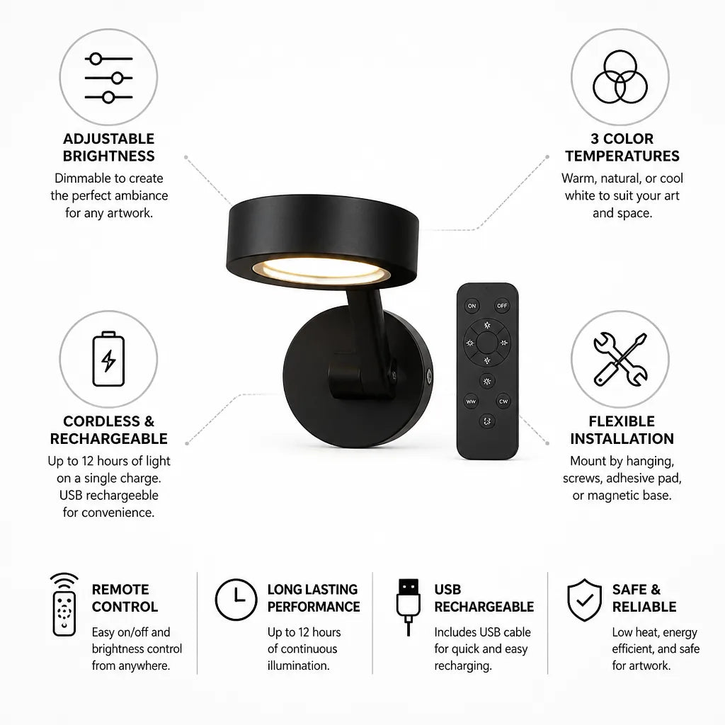 Picture Light Cordless Dimmable Remote USB Rechargeable