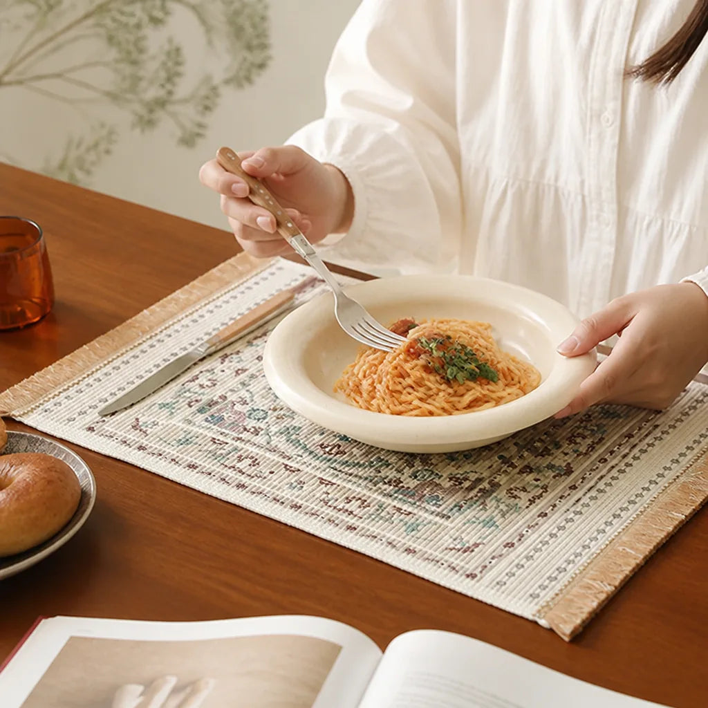Placemat Woven Cotton Yarn Fringes & Reinforced Hem